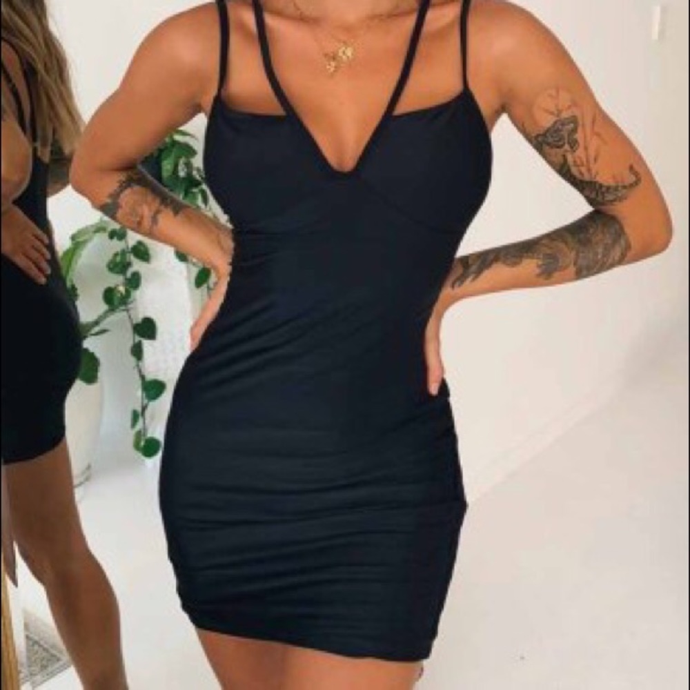 Double Straps Plunge Neck Ruched Mini Dress